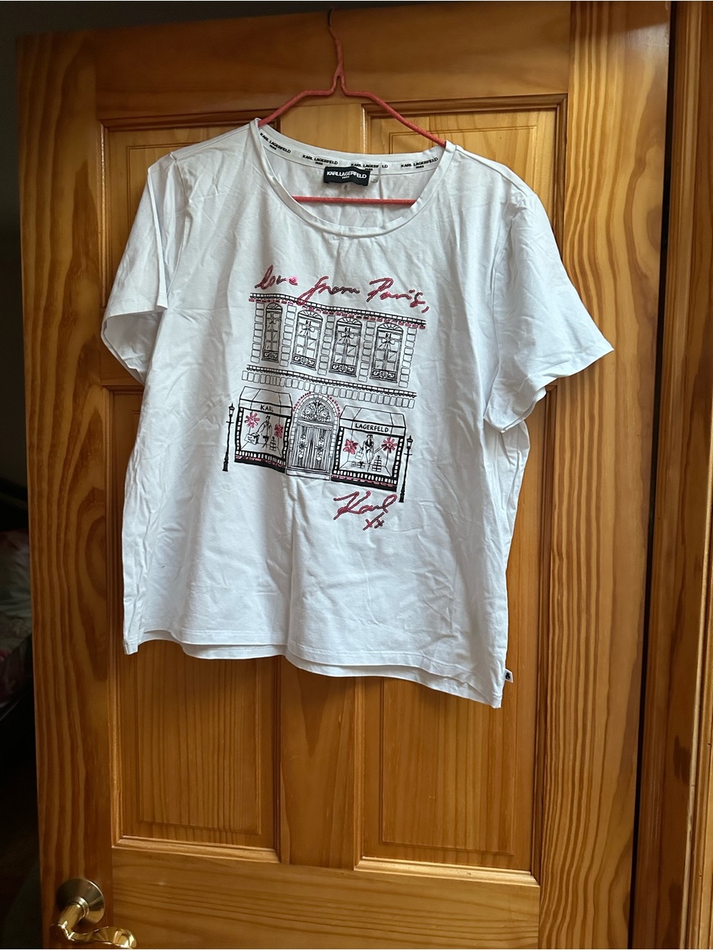 Karl Lagerfeld White Tee with Black Logo and Red Accent